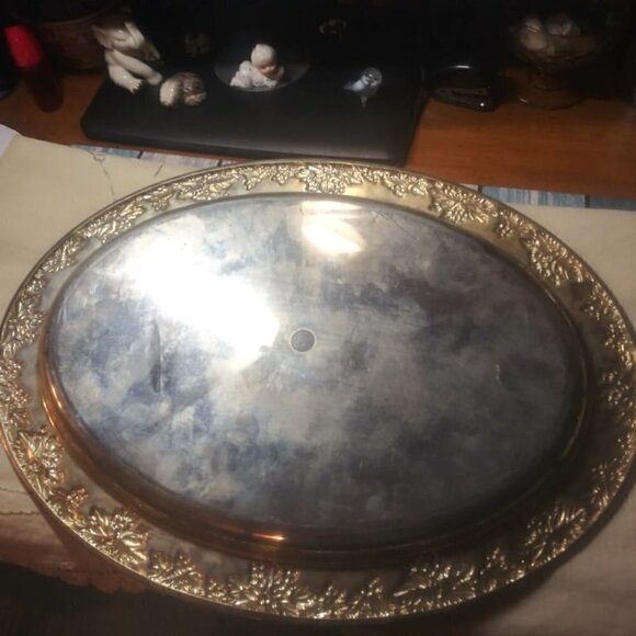 "rare"-vintage GODINGER SILVER ART Co LTD Grapevine Adorned Oval Platter/Crystal - Picture 5 of 16